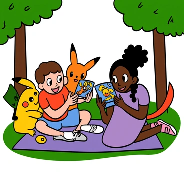 Two kids, a light-skinned boy with big eyes and short brown hair, and a dark-skinned girl with big eyes and braided hair, are joyfully trading Pokémon cards. The boy is wearing a red t-shirt and blue shorts, while the girl is wearing a purple dress and pink sneakers. They are sitting on a picnic blanket in a park, surrounded by oversized Pokémon plushies of various types, including Pikachu and Charizard, creating a vibrant and playful atmosphere. Sunlight filters through the trees, adding warmth to the scene.