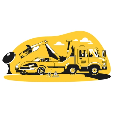 A tow truck with an extended arm is positioned beside a broken down car on the shoulder of a highway. The tow truck is yellow with black accents, displaying the company logo on its side. The broken down car is a compact sedan, with its hood raised and a flat tire visible. An emergency triangle is placed on the ground behind the car. In the background, a stretch of the highway is visible with distant vehicles passing by. The scene conveys a sense of roadside assistance in action.