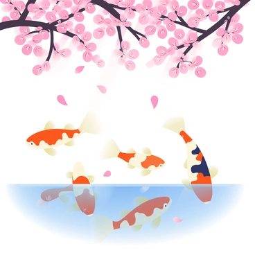 A group of colorful koi fish, featuring orange, white, and black patterns, is swimming gracefully beneath a cascade of pink cherry blossoms. The petals are gently floating down from the branches above, creating a vibrant mix as they mingle with the water's surface. The water is clear, reflecting the bright colors of the koi and the soft pink of the blossoms. Sunlight filters through the branches, casting dappled light onto the scene and enhancing the serene atmosphere. The koi swim in various directions, adding movement to the tranquil setting.