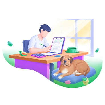 A modern pastel illustration depicting a pet owner sitting at a wooden table, carefully recording pet expenses in a ledger. The owner is focused, with a pencil in hand, and there is a calculator nearby. A cute brown dog is lounging comfortably on a cushion beside the table, looking relaxed. Scattered around the table are various pet care items, like a dog bowl and toys, adding to the scene. Sunlight streams in through a nearby window, creating a warm atmosphere.