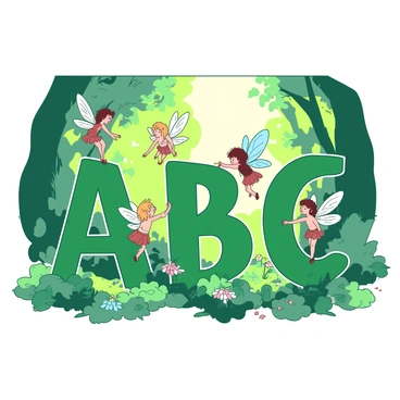 A group of tiny fairies with shimmering wings is playfully flying around the letters "A", "B", and "C" in a magical forest. The fairies are varying in color, with some having intricate patterns on their wings. The letters are large and covered in green moss, blending harmoniously with the surrounding trees. Sunlight filters through the leaves, creating dappled light effects on the forest floor. Delicate flowers in various colors bloom around the letters, adding to the enchanting atmosphere. The fairies are depicted in dynamic poses, some twirling and others reaching out to touch the letters.