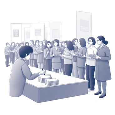 An author seated at a table with a stack of books in front of them. The author is holding a pen, poised to sign a book for a fan. A long line of eager fans stretches behind the table, each person displaying anticipation and excitement. Some fans are holding copies of the book, while others are engaged in conversation. The setting includes banners and decorations typical of a book fair, creating a lively atmosphere.