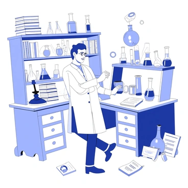 A historical chemist is standing in a laboratory filled with various glass containers and scientific equipment. The chemist is wearing a long lab coat, with an expression of concentration as he carefully pours mercury from one flask into another. The laboratory is cluttered with beakers, test tubes, and a large wooden workbench. There are old books stacked on the shelves, and a gas lamp is providing light. The chemist is surrounded by an air of discovery, with papers and notes scattered around him, suggesting ongoing experiments and research.