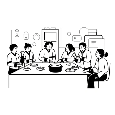 A group of firefighters is seated around a large, rectangular kitchen table. They are engaged in conversation and laughter while sharing a meal. One firefighter is serving food from a large pot in the center of the table, while others pass plates and bowls to each other. The firefighters are wearing their uniforms, complete with helmets resting on the table beside them. Various dishes are spread out, including a salad, bread, and a pot of stew. The kitchen is equipped with typical appliances, such as an oven and a refrigerator, and there are fire-related decorations on the walls.