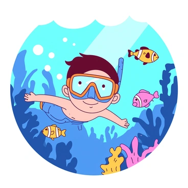 A duotone illustration features a cartoon boy wearing a bright orange snorkel mask and matching fins, floating in a sea of blue water. The boy is smiling as he looks around, with bubbles rising from his mouthpiece. Surrounding him are various colorful fish, including a yellow clownfish and a pink parrotfish, swimming playfully among coral formations. The underwater scene is filled with details, such as swaying seaweed and a sunbeam illuminating the vibrant fish and aquatic life around him.