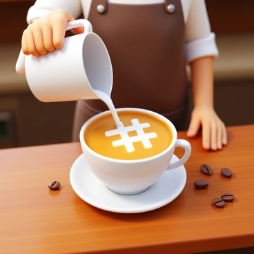A barista is skillfully creating a "hashtag" symbol in the foam of a cappuccino. The cappuccino is served in a white ceramic cup placed on a wooden countertop. The barista, wearing an apron, is focused on pouring the milk into the coffee, allowing the creamy foam to form the "hashtag" shape on top. Around the cup, there are coffee beans scattered on the countertop, adding to the coffee shop ambiance. Soft, warm lighting highlights the scene, enhancing the details of the foam design.