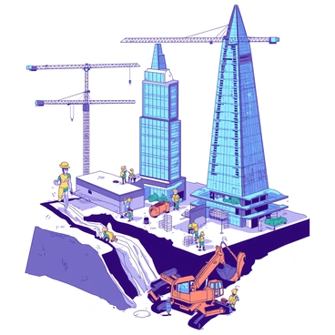 A construction site features the stages of a skyscraper being built. At the forefront, there is a deep excavation site with construction workers in yellow hard hats and safety vests, operating heavy machinery including an orange excavator. The foundation stage shows reinforced concrete pillars being poured, surrounded by scaffolding and steel beams. As one progresses, the steel framework rises higher, forming the skeleton of the skyscraper, with workers using blue tools to secure beams in place. The next stage reveals glass panels being installed, reflecting the blue sky, while cranes loom overhead. Finally, the completed structure stands tall, showcasing a modern design with large windows, adorned with greenery on terraces, and topped with an iconic roof feature. The site is bustling with activity, encapsulating the journey from the foundation to the finished skyscraper.