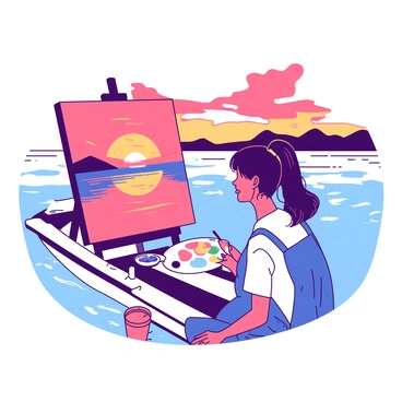 An artist is sitting on a white yacht, focused on painting "the sunset view" on their canvas. The artist is wearing a blue apron, with paintbrushes tucked into the pocket. The canvas displays vibrant strokes representing the colors of the sunset. The sky is a blend of orange and red hues, reflecting on the calm water below. In the background, the silhouette of distant hills is visible against the colorful sky. The yacht is gently swaying on the water with small waves lapping against its sides. A palette filled with various paint colors rests beside the artist, and a gentle breeze tousles their hair.