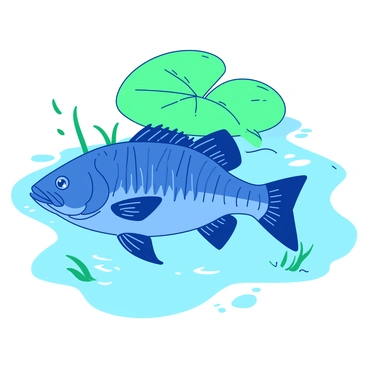 A blue largemouth bass is swimming gracefully beneath a green lily pad. The bass is depicted with its fins spread wide, showcasing its detailed scales and distinct shape. The lily pad is resting on the surface of the water, casting a shadow on the bass below. The water has a soft ripple effect, accentuating the movement of the fish as it navigates its underwater environment. Surrounding the bass are small green leaves and delicate water droplets that reflect light.