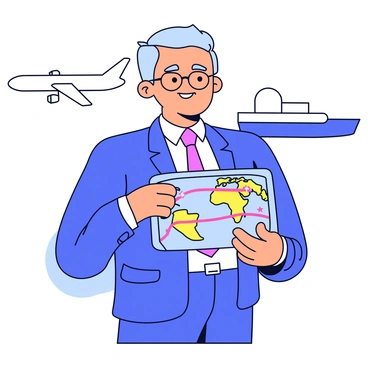 A transport broker wearing a smart business suit stands confidently. He is holding a tablet that displays a colorful map of global trade routes with bright lines connecting different countries. The broker has short hair and is wearing glasses, and he looks focused on the information on the screen. In the background, there are simple outlines of cargo ships and airplanes, indicating the modes of transport being discussed.