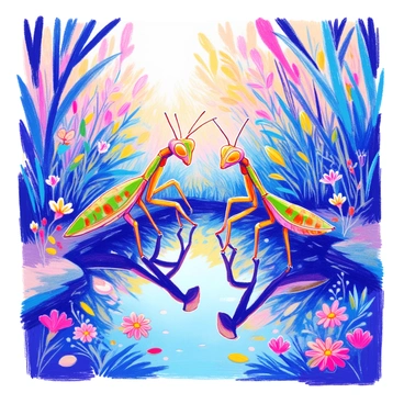 An orchid mantis with intricate green and brown patterns on its body is perched delicately at the edge of a small woodland pond. The surface of the pond is still, reflecting the mantis's vivid features and long limbs. Surrounding the pond, lush greenery and scattered wildflowers create a vibrant frame. Sunlight filters through the leaves above, casting dappled shadows on the ground. The mantis gazes intently at its own reflection, with its large compound eyes catching the light.