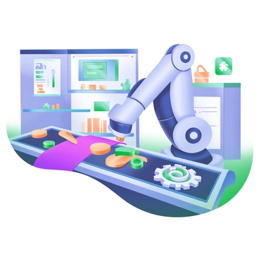 A modern pastel illustration depicting a "robotic arm" carefully assembling various "parts" on a "conveyor belt" inside a "smart factory." The factory is filled with sleek machinery and digital screens displaying data. In the background, there are shelves with organized components and tools. The scene includes bright lighting that highlights the intricate details of the robotic arm's movements. Small gear and circuit designs are visible on the conveyor belt, emphasizing the technical environment.