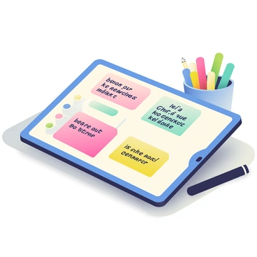 A tablet is resting on a wooden desk and displaying a digital planner. The planner features colorful sticky notes in various pastel shades, including pink, yellow, and blue. Each sticky note has handwritten reminders in bold, black text. The background of the digital planner is a soft white, allowing the sticky notes to stand out. Next to the tablet, there is a black stylus lying on the desk, and a cup filled with colorful pens sits nearby, adding to the organized workspace atmosphere.