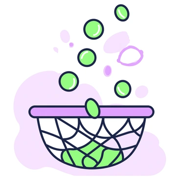 A safety net is positioned below a cascade of coins falling from the sky. The net is intricately woven, with green and purple threads forming a robust structure. Coins of various sizes and designs are mid-air, glinting as they catch the light. The scene captures the moment of impact as several coins are just about to land on the safety net, creating a sense of movement and anticipation. The background features a soft gradient that enhances the focus on the coins and the net below.