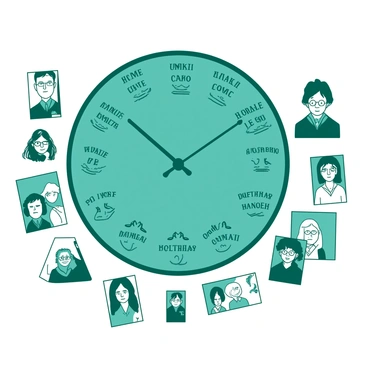 A teal clock with a round face is mounted on the wall, featuring distinct sections labeled for each member of the Weasley family. Each section is marked with the name of a family member and an accompanying icon representing their location, such as "home," "at work," and "in danger." The clock's hands point towards different locations, indicating the current status of the family members. Surrounding the clock are small family photos of the Weasley family, creating a warm and cheerful atmosphere.