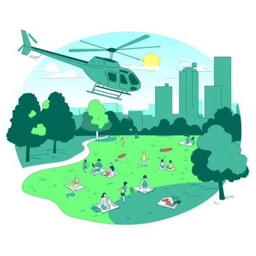 A teal helicopter hovers above a large green urban park where people are enjoying a sunny day. Below the helicopter, groups of people are scattered across the park, some sitting on picnic blankets while others are playing Frisbee. Children are running around, and a few people are strolling along the winding paths. The sky is clear with a bright sun casting warm light over the scene, creating a lively atmosphere. In the background, tall buildings frame the park, adding to the urban landscape.