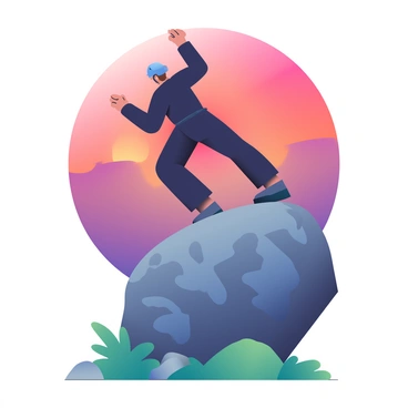 A climber is positioned on a large boulder, their form silhouetted against a vibrant sunset sky. The sky is filled with a gradient of colors, transitioning from deep orange at the horizon to rich purple higher up. The boulder is rugged and textured, with sharp edges and uneven surfaces. The climber is wearing a fitted black climbing outfit and a helmet. Their arms are outstretched as they reach for the next hold, and their legs are bent at the knees for balance. Below, there are patches of green grass and scattered rocks that frame the base of the boulder. The overall scene captures the essence of an adventurous moment during dusk.