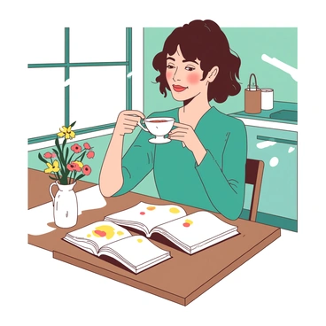 A teal Maria Clara is sitting at a wooden table in a sunlit kitchen. She is holding a delicate white teacup with floral patterns, enjoying her tea. In front of her, there is an open white book with colorful pages, resting on the table. A small white vase with fresh flowers sits beside the book, adding to the cozy atmosphere. Sunlight streams through the window, casting soft shadows on the floor, creating a peaceful morning scene.