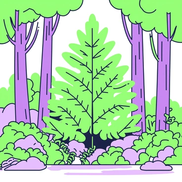 A lush fern stands prominently in the center of a dense rainforest. The fern has a broad, feathery appearance with numerous green fronds extending outward. Surrounding the fern, tall trees with thick trunks and a canopy overhead create a sense of enclosure. Various plants and underbrush populate the forest floor, with leaves and vines intertwining around the base of the fern. Soft light filters through the foliage, casting gentle shadows on the ground, emphasizing the fern's vibrant texture and form.