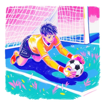 A goalkeeper with short black hair wearing a bright yellow jersey and black shorts is diving to the side in a dramatic pose. Their arms are fully extended, and their fingers are splayed out as they reach for a black and white soccer ball. The ball is just inches away from their gloved hands, creating a sense of tension in the moment. The grass of the soccer field is vividly green beneath them, and the goalpost is visible in the background.