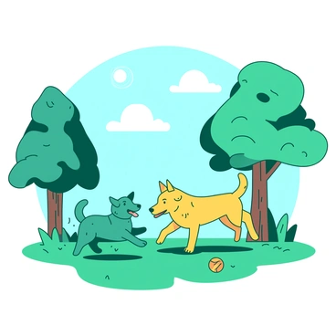 Two dogs, one teal and one yellow, are frolicking in a grassy park. The teal dog is a small, fluffy breed with perked ears and a wagging tail, playfully chasing a colorful yellow ball. The yellow dog is a larger breed, with a joyful expression and its tongue out, bounding towards the teal dog. Around them, there are simple line drawings of trees with round canopies, and light geometric shapes suggesting the sun in a clear blue sky. The playful interaction between the two dogs creates a lively atmosphere in the park.