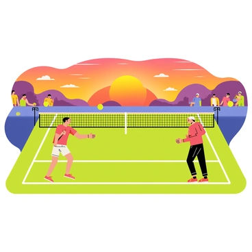 A tennis match taking place on a green court at sunset. The sky is filled with vibrant shades of orange and purple, creating a striking backdrop. Two players are positioned at opposite ends of the court, one preparing to serve while the other is ready to receive. The players are wearing sports attire and are focused on the game. A net divides the court, with tennis balls scattered around. Spectators are visible in the background, enjoying the match as the sun sets on the horizon.