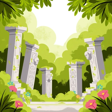 A collection of ancient stone statues of various figures, each displaying intricate carvings, stands in the center of a forgotten garden. The statues are partially covered in green moss and vines. Surrounding them is dense, lush foliage with large leaves and colorful flowers peeking through. Sunlight filters through the trees above, casting dappled shadows on the ground. The atmosphere feels tranquil and inviting, as if nature is reclaiming the space.