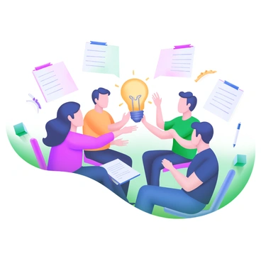 A modern pastel illustration depicting a group of people sitting in a circle, engaged in a creative exchange session. They are passing around a glowing light bulb, symbolizing shared ideas. Each person has a thoughtful expression, and their hands are outstretched towards the light bulb. The background features soft, pastel-colored shapes that enhance the collaborative atmosphere. Various notepads and pens are scattered around, showcasing the tools of brainstorming and creativity.