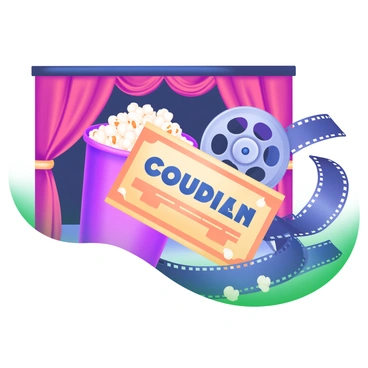 A cinema voucher prominently displayed in the center with the words "Cinema Voucher" in large, bold letters. Surrounding the voucher is a large, realistic tub of popcorn overflowing with fluffy white kernels. To one side, there is an intricate film reel, with film strips cascading downwards. In the background, a stylized theater backdrop is visible, featuring red velvet curtains partially drawn to create an inviting atmosphere.