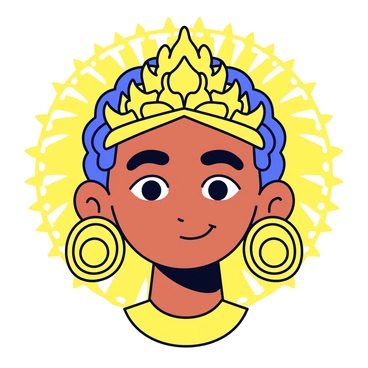 A close-up of "Goddess Durga's" face with features that are delicately drawn. Her skin has a warm tone, and she is depicted with large, expressive eyes that convey strength and compassion. "Intricate jewelry" adorns her head, including a "golden crown" with detailed patterns. Her ears are decorated with "large earrings" that are designed with floral motifs. A "golden aura" surrounds her face, creating a glowing effect. The background is minimal to emphasize her presence.