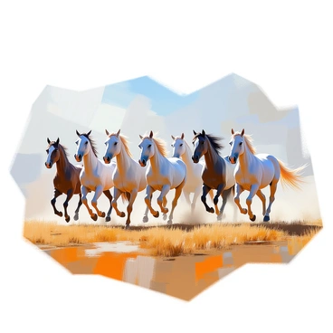 A herd of wild horses is galloping through an expansive, open field. The horses are varying shades of black and white, showcasing their muscular forms in motion. Their manes and tails trail behind them as they sprint, kicking up clouds of dust from the dry ground. The sky above is clear, allowing the sunlight to cast dramatic shadows of the horses on the grass below. The field is dotted with patches of tall grass, creating a sense of depth and movement as the horses thunder across the landscape. Each horse displays a unique posture, highlighting their strength and grace in this dynamic scene.