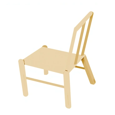 An empty chair with a simple design, light brown wooden frame, and a woven seat. The chair is tilted, precariously balanced on its two hind legs. The front legs are lifted off the ground, and the chair appears as if it might tip over at any moment. The background is simple and unobtrusive, focusing attention on the chair's delicate balance.