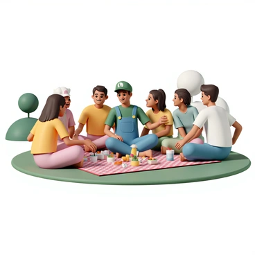 A man in a green shirt and blue overalls, resembling Luigi, is sitting on a red and white checkered blanket in a sunny park. Surrounding him are several friends, each wearing colorful casual outfits. There is a variety of food laid out, including sandwiches, fruits, and drinks. Everyone is smiling and engaging in conversation, with some friends reaching for food while others laugh and share stories. The green grass is vibrant, and a few trees can be seen in the background, providing a sense of warmth and friendliness to the scene.
