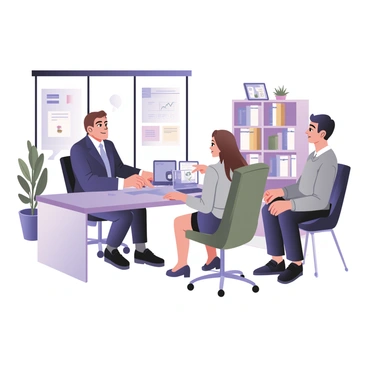 A digital flat illustration depicting a professional office setting. In the center, a financial advisor, a man with light skin and short brown hair, is sitting at a sleek glass desk. He is wearing a navy blue suit with a light blue tie. Facing him, a couple is seated; the man has medium skin and short black hair, dressed in a gray sweater and dark jeans. The woman has light skin and long wavy brown hair, wearing a blouse and a pencil skirt. They are engaged in conversation, with the financial advisor pointing at a laptop displaying graphs and charts. Surrounding them are bookshelves filled with financial books, and a potted plant is placed in one corner of the office. A large window allows natural light to illuminate the scene.
