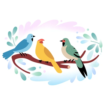 An arrangement of several birds perched on branches, each bird representing a different species showcasing diverse colors and patterns. One bird is vibrant blue with long tail feathers, another is a bright yellow with a stout body, while a third is covered in intricate green and brown patterns. In the background, a variety of leaves in different shades of green frame the scene. Above the birds, a gentle gradient of pastel colors transitions from soft pink to light blue, creating a serene atmosphere. Each bird appears unique, highlighting the evolution within avian species.