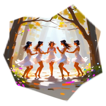 A group of nymphs is dancing gracefully in a forest clearing. They are depicted with flowing hair and delicate features, adorned in intricately designed flowing garments that complement their movements. Surrounding them are tall trees with twisting branches and intricate foliage, creating a natural frame for the scene. The forest floor is dotted with various plants and flowers, adding texture to the ground. The nymphs are captured mid-dance, their poses dynamic and fluid, showcasing their ethereal beauty and energy in the serene forest setting.