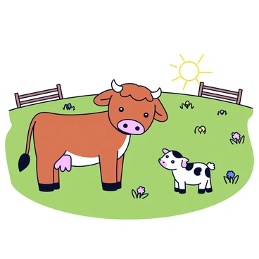 A two-headed calf standing in a green pasture on the farm. Each head has large, expressive eyes and soft brown fur. The calf is looking down at a curious little goat nearby. The goat has a white coat with black spots and is playfully tilting its head to one side. In the background, there are a few wooden fences and patches of wildflowers scattered across the field. The sun is shining, casting gentle shadows on the ground.