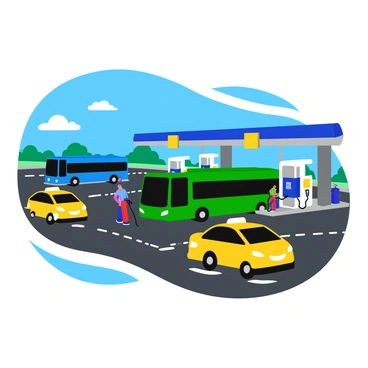 A line of city buses in various colors, such as bright blue and vibrant green, along with yellow taxis, are parked at a bustling nonrenewable energy station. The station is equipped with tall, large fuel pumps, and a digital display showing prices. Workers in uniforms are seen attending to the buses and taxis, filling up their tanks with a thick, dark fuel. The background features a clear blue sky and a few fluffy white clouds, adding to the vibrancy of the scene. The asphalt ground is shiny and reflects the vehicles, enhancing the lively atmosphere.