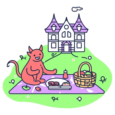 A devil is seated on a picnic blanket spread out on the grass, smiling as it enjoys its meal. The devil has red skin, pointed horns, and a long tail. A wicker basket is open beside it, revealing an assortment of food items including a sandwich, fruit, and a drink. The grass is lush and green, dotted with small wildflowers. In the background, a picturesque Victorian manor stands with intricate architectural details, including gabled roofs and ornate windows. The sky above is clear and bright, enhancing the cheerful atmosphere of the scene.
