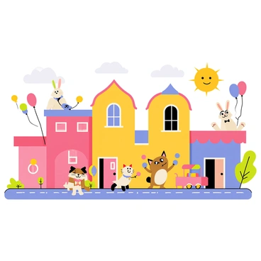 A colorful and bustling Toon Town filled with whimsical buildings in various shapes and sizes. The buildings are painted in bright colors, including pink, yellow, and blue, with exaggerated features like oversized doors and windows. Cartoon characters are scattered throughout the scene, including a cheerful dog wearing a bow tie, a mischievous cat juggling colorful balls, and a friendly rabbit selling hot dogs from a small cart. Balloons of different colors float in the air, and a sun with a smiling face shines brightly in the clear sky.