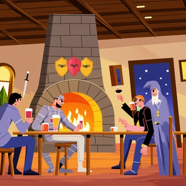 A cozy tavern interior with wooden beams and warm lighting. The scene is lively, filled with various adventurers, including a knight in shining armor, a rogue wearing a hood, and a wizard with a long robe. They are gathered around wooden tables, sharing drinks from tankards and telling stories. A large stone hearth with a crackling fire illuminates the space, creating a warm ambiance. On the walls hang shields and swords, adding to the adventurous atmosphere. A half-open door reveals a starry night outside.