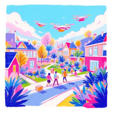 In a busy suburban neighborhood, several drones are flying through the sky, each carrying packages. The drones are sleek and have a streamlined design, with propellers spinning as they hover. The neighborhood is filled with futuristic homes, featuring smooth architectural lines, large glass windows, and solar panels on the roofs. Green lawns and colorful flower beds surround the homes, while pathways are lined with trees. In the background, families are seen walking, enjoying the day, and children are playing outside, creating an atmosphere of activity and modern living.