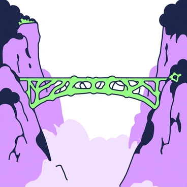 A bridge made of interlocking bones stretching across a misty gorge