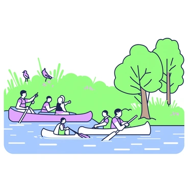 A group of canoeists is practicing on a calm river. The river features gentle ripples and is flanked by tall trees with dense foliage. Each canoeist is wearing a life jacket and paddling with precision. Some canoeists are in tandem canoes, while others are alone in single canoes. In the background, the riverbank slopes gently, covered with green grass and patches of wildflowers. A few birds are perched on branches nearby, observing the canoeists as they glide through the water.