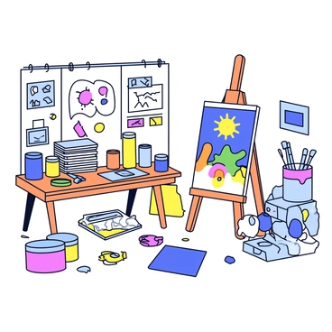 A student's open studio filled with a variety of art supplies. There are jars of paint in multiple colors, paintbrushes of different sizes, and sketchbooks stacked on a wooden table. Various works in progress are displayed around the room, including a half-finished canvas painting featuring bright colors and abstract shapes. The walls are decorated with sketches and pinned-up inspirations, alongside an easel holding another canvas. The floor is scattered with crumpled paper and dried paint splatters.