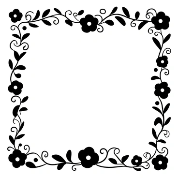 A rectangular border composed of intricate flowing lines that weave together to form an elegant design. The border features numerous floral motifs, including detailed depictions of various flowers and leaves. Each flower is connected by delicate swirls and curves that enhance the overall intricacy of the border. The design is symmetric and balanced, creating a harmonious frame that encapsulates the beauty of the floral elements.