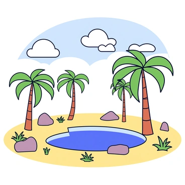 A desert oasis with several tall palm trees swaying gently in the breeze. In the center, there is a clear blue pond that reflects the sunlight. The ground is sandy with patches of green grass surrounding the pond, and a few large rocks are scattered nearby. The sky above is a bright blue with a few fluffy white clouds.