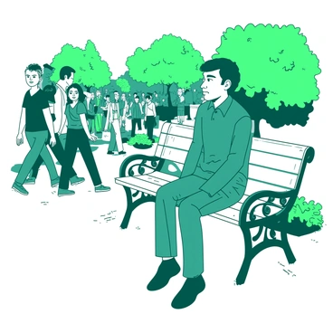 A teal person is sitting on a white park bench, staring blankly ahead into space. Around the bench, there is a bustling crowd of people walking by, some chatting and others laughing. The expressions on the crowd's faces contrast with the blank look of the person on the bench, who appears lost in anguish. The park setting includes vibrant green trees in the background and a pathway lined with colorful flowerbeds.