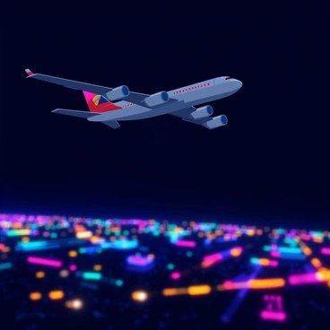 An airplane flying over a city at night with glowing city lights below