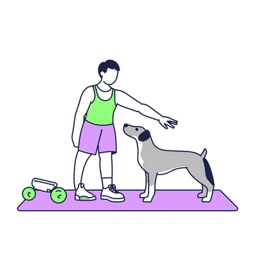 A fitness trainer is engaged in a bird-dog exercise on a gym mat, positioned on all fours with one arm extended forward and the opposite leg extended back. The trainer has short hair and is wearing a fitted workout tank top and shorts. Next to the trainer, a medium-sized dog is mimicking the pose, with one paw raised forward and the opposite leg stretched out behind. The dog has fur that is well-groomed and is attentively looking at the trainer. The background includes some fitness equipment, such as weights and a yoga mat, arranged neatly to the side.